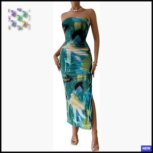 Strapless Maxi Bodycon Dress Mesh Floral Elegant Wedding Guest Party